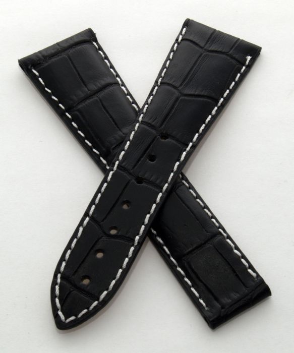 24 18 mm black genuine leather crocodile style deployment strap with white stitching to fit Omega Railmaster XXL models