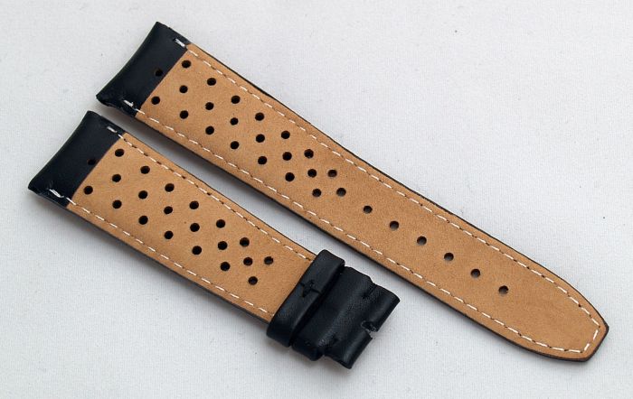 Black Perforated Sports style leather 22 18 mm pin buckle strap with black stitching to fit