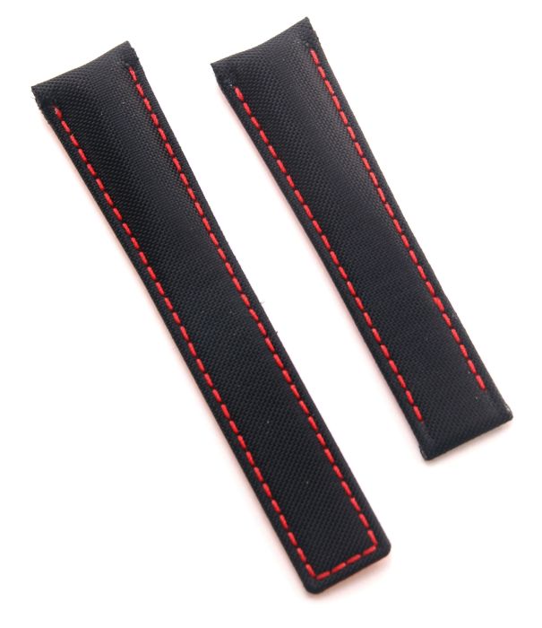 21.5 mm Black fabric strap with red stitching and lining to fit TAG Heuer Aquaracer models listed below please read clasp fitment notes