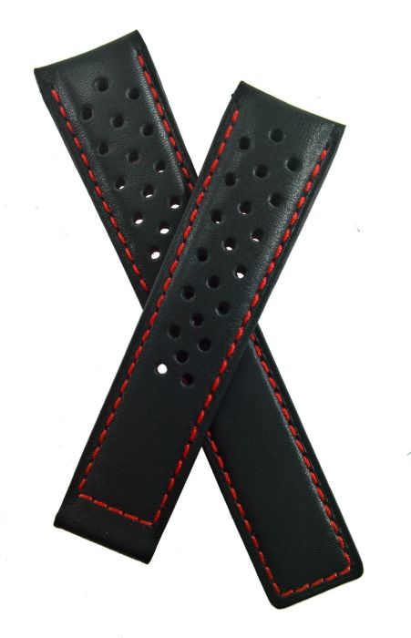 20 18 mm black sports perforated genuine leather strap with red stitching lining to fit