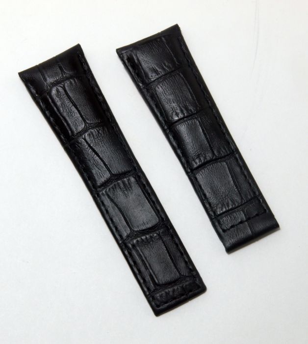 22 18 mm short black genuine leather crocodile style deployment type strap with black stitching to