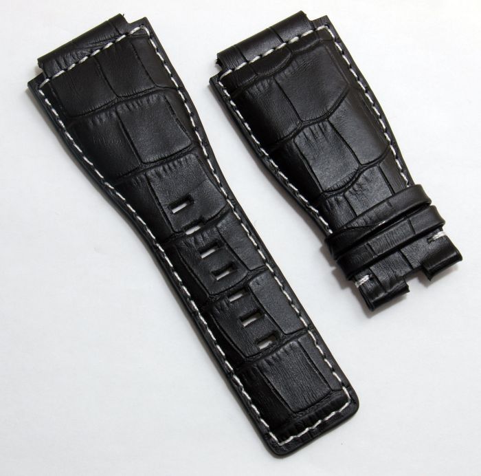 24 mm black genuine calf leather crocodile style strap with white