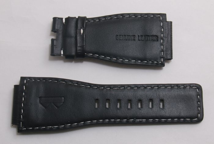 24 mm black genuine calf leather crocodile style strap with white