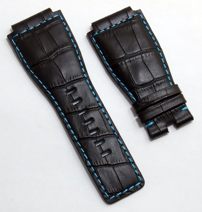 24 mm black genuine calf leather crocodile style strap with turquoise