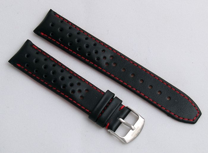 20 mm Black Sports perforated pin buckle leather strap with red