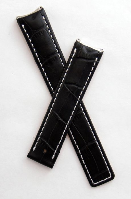 Black crocodile style leather deployment strap with white