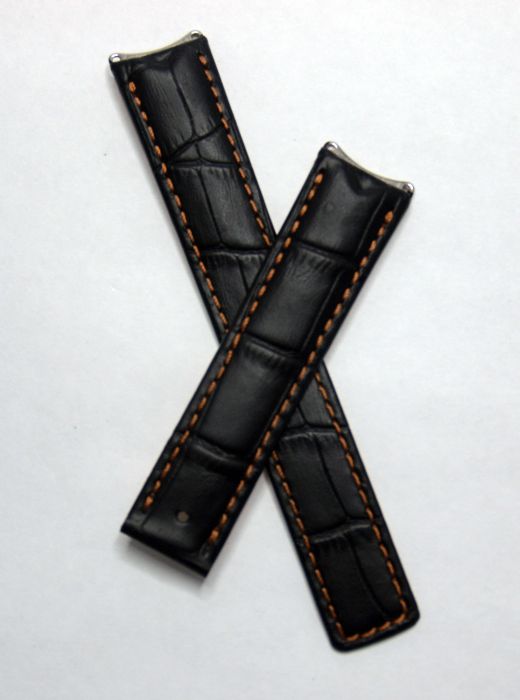 Black crocodile style leather deployment strap with old gold stitching