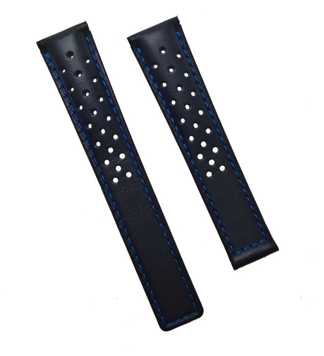 Black Sports perforated leather strap with blue stitching lining